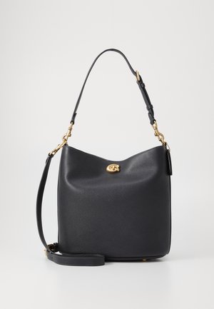 Zwarte leren handtas met een gemarmerde textuur, gouden hardware en een korte schouderband. Heeft een ronde bovenkant en contrasterende stiksels.