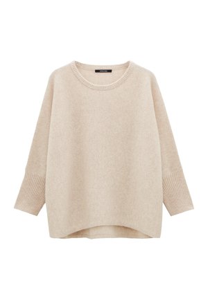 Maglione beige lavorato a maglia con scollatura rotonda e spalle basse. Polsini e orlo a costine, con vestibilità rilassata e texture morbida.