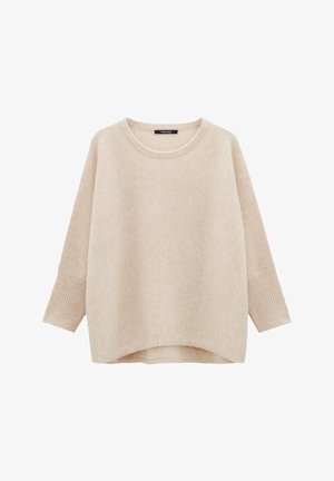 Maglione beige lavorato a maglia con scollatura rotonda e spalle basse. Polsini e orlo a costine, con vestibilità rilassata e texture morbida.