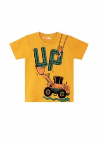 Keltainen puuvillapaita, jossa on kaivinkoneen graafinen kuvasto ja teksti "UP" vihreällä, mustilla ääriviivoilla sekä kuvio helmaosassa.