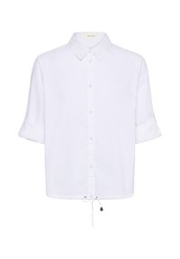 Witte blouse met opgerolde korte mouwen, kraag en trekkoord aan de onderzoom.