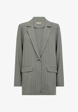 Pelēks svītrains žakets, izgatavots no struktūrēta auduma, ar izgrieztu apkakli, vienu pogu aizdari un divām priekšējām kabatām.