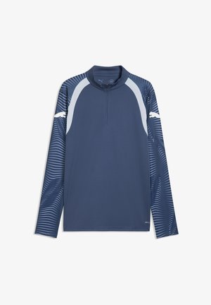 Top sportivo a maniche lunghe blu navy con maniche bianche decorate da un motivo, collo con mezza zip e loghi Puma bianchi su entrambe le maniche superiori.