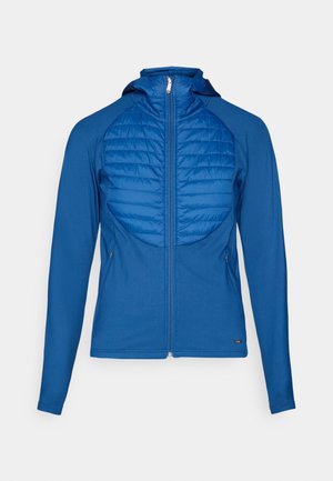 Blaue Kapuzenjacke mit einem gesteppten Vorderteil, glattem Stoff, vollem Reißverschluss und langen Ärmeln. Verfügt über ein tailliertes Design und seitliche Taschen.