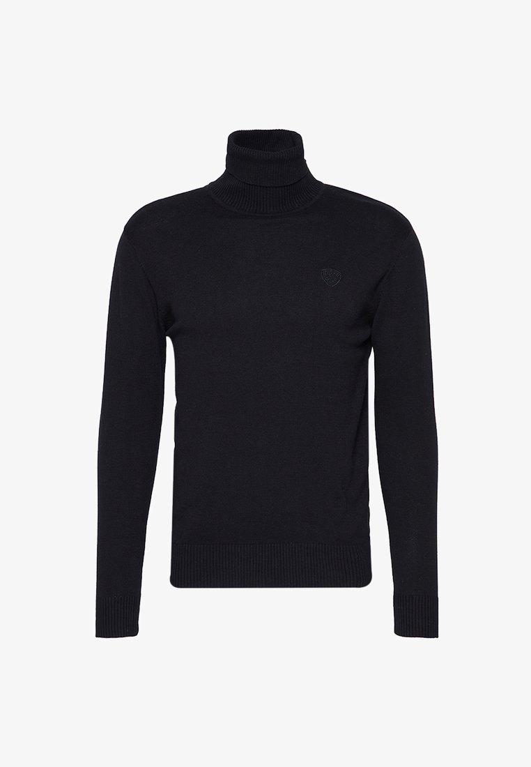Pull en maille noire à col roulé avec poignets et ourlet côtelés. Présente un petit logo embossé sur la poitrine. Texture lisse et coupe ajustée.