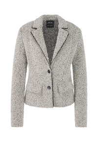 Grau strukturiertes Blazerjackett mit Reverskragen, einem Ein-Knopf-Verschluss, zwei Fronttaschen und kontrastierendem schwarzen Besatz entlang der Kanten.