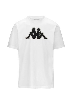 T-shirt bianco in cotone con un grande design a silhouette nera di due figure sedute sulla parte anteriore. Collo rotondo classico e maniche corte.