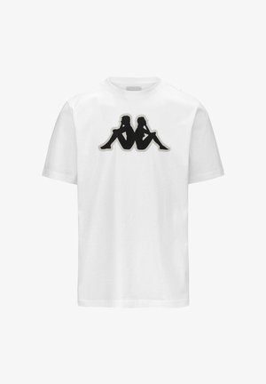 T-shirt bianco in cotone con un grande design a silhouette nera di due figure sedute sulla parte anteriore. Collo rotondo classico e maniche corte.