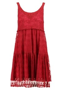 Red lace A-line dress with a round neckline, decorative embroidered detail at the bodice, and tiered layers featuring a scalloped hem.