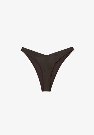 Slip bikini nero a vita bassa con parte anteriore a forma di V e copertura minima, mostrato su uno sfondo bianco.
