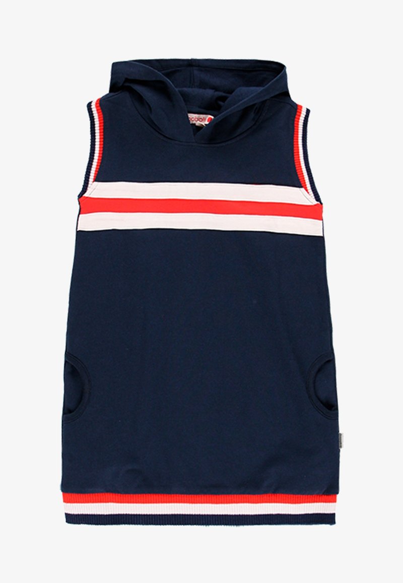 Robe sans manches bleu marine à capuche, avec des rayures horizontales rouges et blanches sur la poitrine et une bordure côtelée aux emmanchures et à l'ourlet.