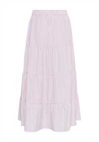 Jupe midi à volants en rayures verticales roses claires et blanches, fabriquée en tissu doux avec une taille élastique et un ourlet festonné.