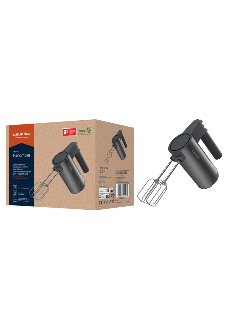 Schwarzer Handmixer mit zwei Rührbesen aus Edelstahl, einem eleganten ergonomischen Design und einem seitlich montierten Auswurfschalter, neben einer braunen Pappschachtel.