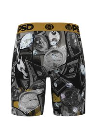 Men’s boxer briefs with black and gold waistband, featuring a pattern of diamond-encrusted watches, one hundred dollar bills, and scattered diamonds.