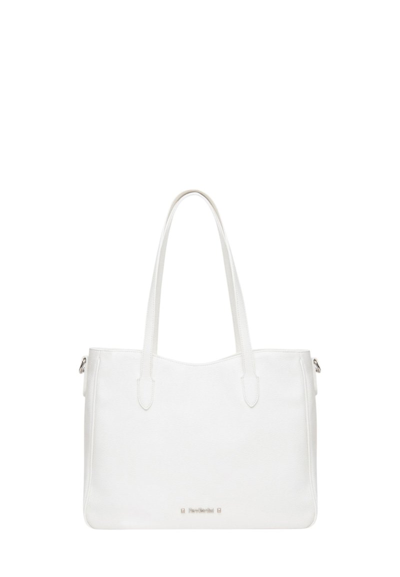 Borsa tote in pelle bianca e testurizzata con due manici per la spalla e un design elegante e minimalista. Presenta un logo discreto sul davanti.
