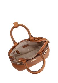 Sac à main en cuir tan avec doubles poignées, fermeture zippée et intérieur lisse. Comprend du matériel doré et une étiquette de marque à l'intérieur.