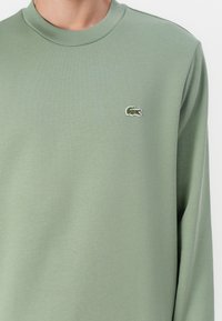 Grüner Langarm-Sweatshirt aus weicher Baumwolle. Verfügt über einen gerippten Rundhalsausschnitt und ein kleines gesticktes Krokodil-Logo auf der Brust.
