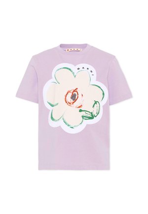 Camicia lilla a maniche corte con una grande grafica di fiore bianco bordata di verde, con centro astratto arancione e nero e testo "Marni".