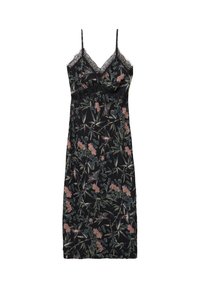 Sort natkjole med delikat blondekant, prydet med et blomstermotiv og fuglemotif i pink og grøn. Justerbare spaghetti-stropper, tætsiddende design.