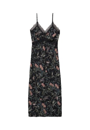 Czarna nocna koszula z delikatnym koronkowym wykończeniem, zdobiona kwiatowym i ptasim wzorem w odcieniach różu i zieleni. Regulowane ramiączka spaghetti, dopasowany krój.