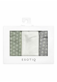 Zestaw trzech skarpetek w białym pudełku: jedna zielona w kwiatowy wzór, jedna całkowicie biała i jedna szara z kwiatowym motywem. Materiały i tekstura nieokreślone.