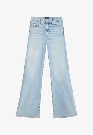 Light blue wide-leg jeans made of denim. Features five pockets, a button closure, and a smooth texture with slight fading.