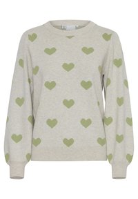 Sweatshirt gris clair avec un motif répétitif de cœurs verts, col rond et poignets et ourlet côtelés. Tissu doux et texturé.