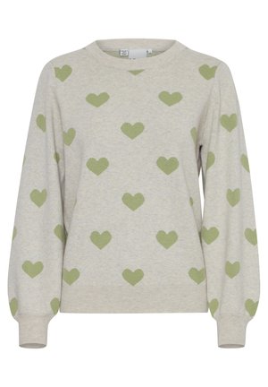 Sweatshirt gris clair avec un motif répétitif de cœurs verts, col rond et poignets et ourlet côtelés. Tissu doux et texturé.