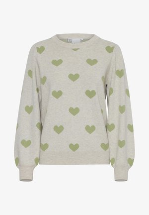 Svetlo siva dukserica s ponovljenim vzorcem zelenih src, okroglim izrezom in rebrastimi manšetami ter robom. Mehka, strukturirana tkanina.