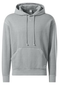 Světle šedá mikina s kapucí vyrobená z měkké látky. Obsahuje stahovací kapuci, klokaní kapsu, žebrované manžety a lem. Ozdobný trojúhelníkový detail na přední straně.