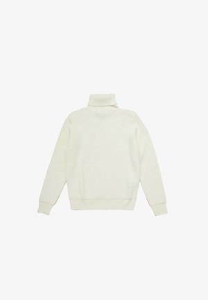 Maglione knitted color crema con collo alto, caratterizzato da un motivo testurizzato e polsini e orlo a costine, mostrato da dietro.