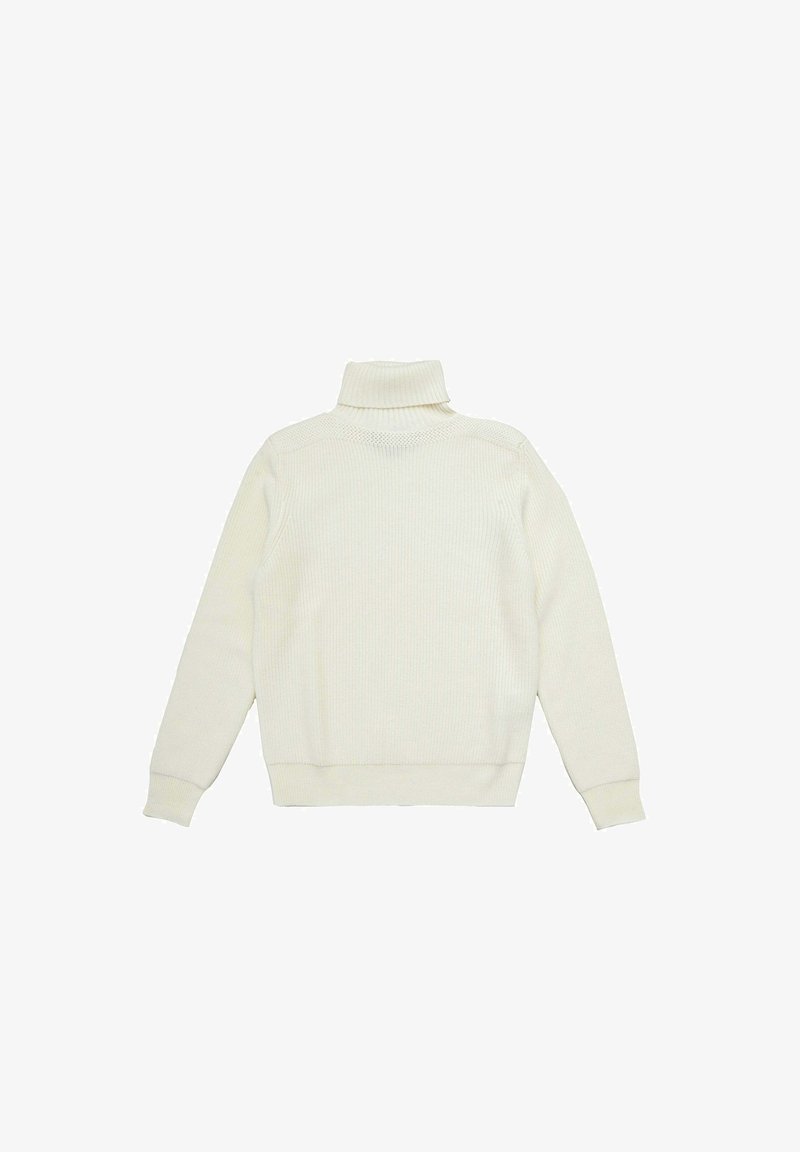 Maglione knitted color crema con collo alto, caratterizzato da un motivo testurizzato e polsini e orlo a costine, mostrato da dietro.