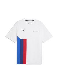 Λευκό μπλουζάκι Puma Motorsport με κάθετες ρίγες σε μπλε, σκούρο μπλε και κόκκινο στην αριστερή πλευρά και λογότυπα στο στήθος.