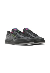 Black leather sneakers with gray rubber soles, featuring colorful accents, lace-up design, and branding on the sides and tongues.