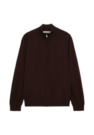 Mørkebrun cardigan med lynlås, stående krave og lange ærmer. Fremstillet af blødt materiale og har en lille logo på brystet.