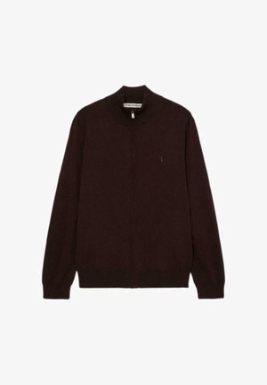 Donkerbruine cardigan met ritssluiting, opstaande kraag en lange mouwen. Gemaakt van zacht materiaal, met een klein logo op de borst.