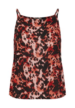 Leopardprint camisole med tynde stropper, der har en blanding af røde, sorte og pink farver på et glat stof, tætsiddende pasform.