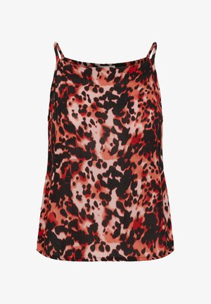 Leopardi mustriga top õhukeste rihmadega, mis on valmistatud siledast kangast ja millel on segu punasest, mustast ja roosast värvist, sobib kehale.