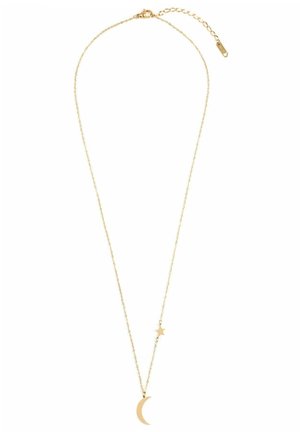 Collier en chaîne dorée avec pendentif lune en croissant et petit charme étoile sur fond blanc, fermeture à fermoir ajustable.