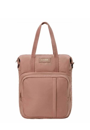 Borsa a tracolla quadrata rosa polveroso con doppie maniglie, tasca frontale con zip ed etichetta del marchio "Dakine" in alto al centro.