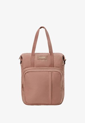 Borsa a tracolla quadrata rosa polveroso con doppie maniglie, tasca frontale con zip ed etichetta del marchio "Dakine" in alto al centro.