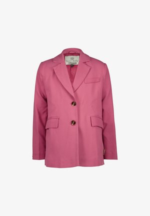 Rosa Blazer aus glattem Stoff, mit einem Reverskragen, zwei Vordertaschen und zwei dunklen Knöpfen. Beinhaltet eine Brusttasche.