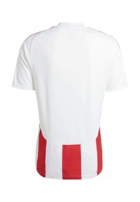 Witte sporttrui met rode verticale strepen aan de onderkant. Korte mouwen, ronde hals, gemaakt van ademend materiaal. Gladde textuur.