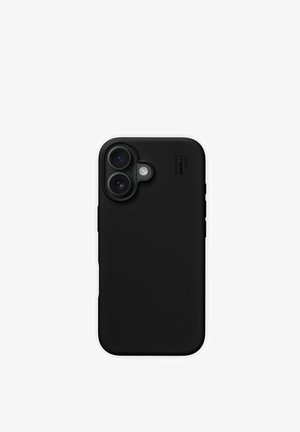 Zwart siliconen telefoonhoesje met een gladde textuur, uitsparingen voor dubbele camera's en flitser, en zichtbare branding aan de achterkant.