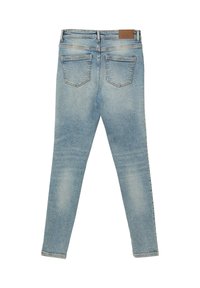 Jeans skinny in denim azzurro chiaro, caratterizzati da una texture sbiadita, design a cinque tasche e una toppa in pelle marrone sulla vita.