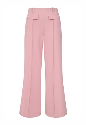 Pantalons larges roses en tissu lisse, dotés de deux poches arrière et d'une taille haute avec des coutures apparentes.