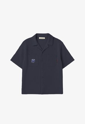 Tumesinine lühikeste varrukatega nööbitav särk kahe rinnataskuga, vasakpoolses taskus tikitud "NY" logo ja tekstuurse kangaga.