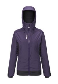 Veste imperméable violette avec un col haut, une capuche ajustable et des accents noirs. Elle comporte une fermeture éclair frontale, des poches latérales et des poignets élastiques.