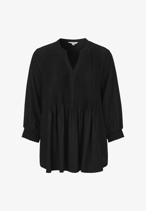 Zwarte blouse met een geplooide voorkant, V-halslijn en driekwartmouwen. Heeft gather-mouwen en een losse, vloeiende silhoutte.