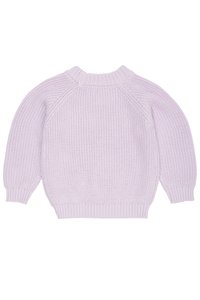 Pulover tricotat lavandă cu guler rotund, manșete texturate și țesătură texturată. Prezintă mâneci raglan și o croială lejeră.